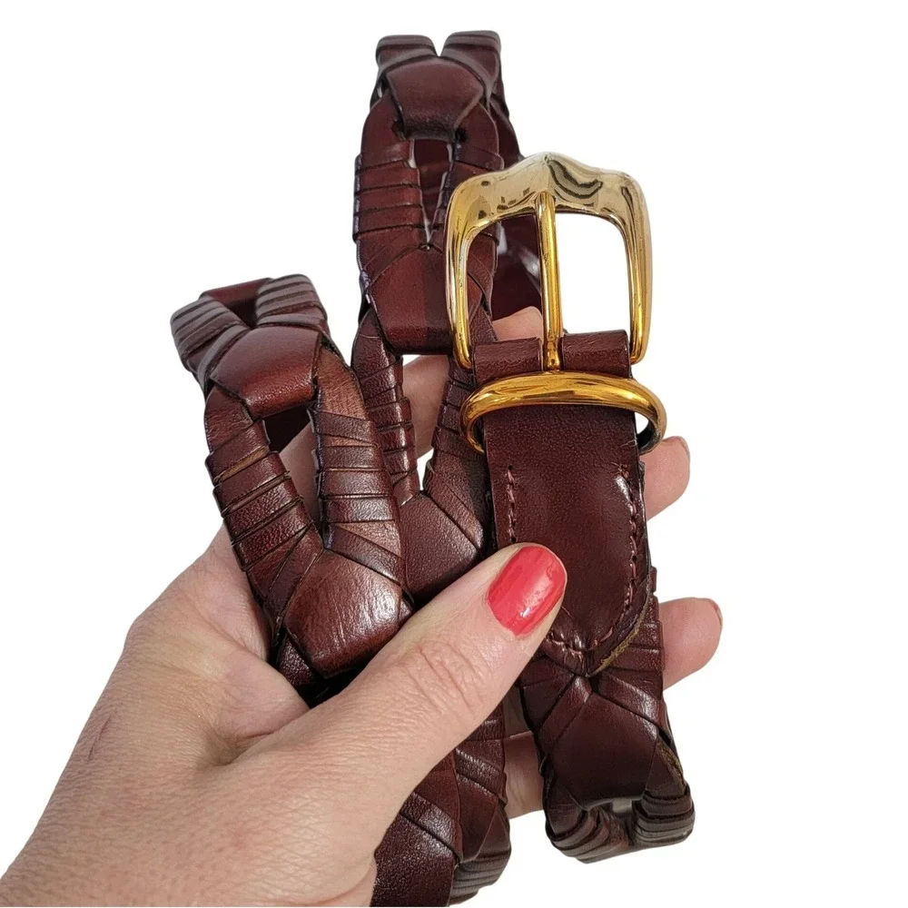 WCM New York Vintage‎ Mahogany Brown Braided Leather Belt Brass Buckle Size M